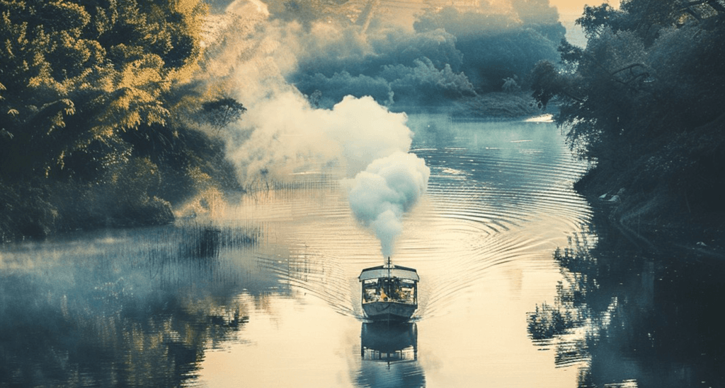 A Boat is floating on a river and runs with steam engine.