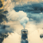 A Boat is floating on a river and runs with steam engine.
