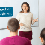 A female teacher is teaching in front of students in a classroom, and there is a text Foreign Teacher Themed T-shirts