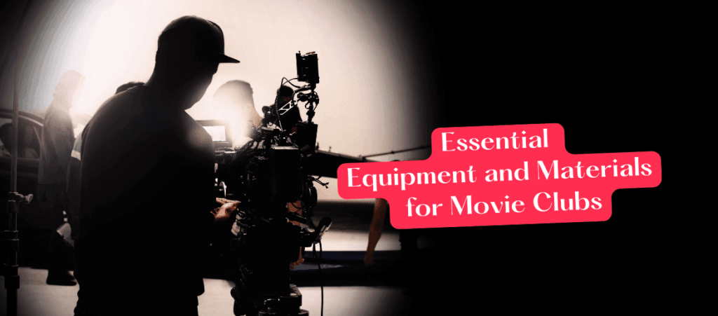 A man using professional camera and a banner text Essential Equipment and Materials for movie Club