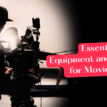 A man using professional camera and a banner text Essential Equipment and Materials for movie Club