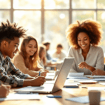 Students and a teacher are sitting around a table