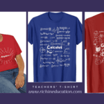 Two math t-shirts and a female is wearing an Algebra 1 t-shirt surrounded with math formulas