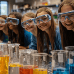 Students are smiling and experimenting in a science classroom and there are science experiment tubes in front of them in different colors
