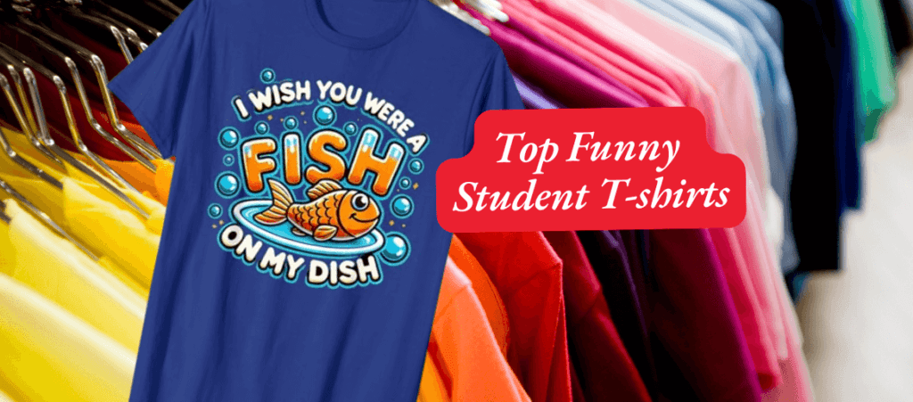 Funny Student T-shirt Banner that has a shirt with a message I wish you were a fish on my dish