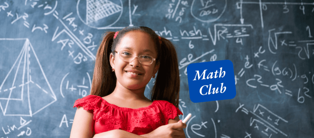 Girl in front of a black board filled with math formulas and work.