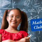 Girl in front of a black board filled with math formulas and work.