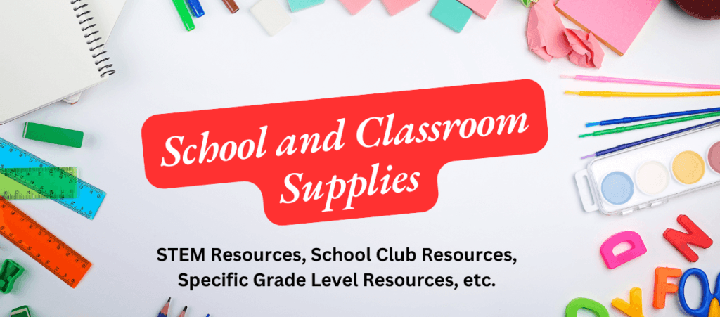 School and Classroom Supplies banner surrounded by rulers, notebook, pencils, etc.