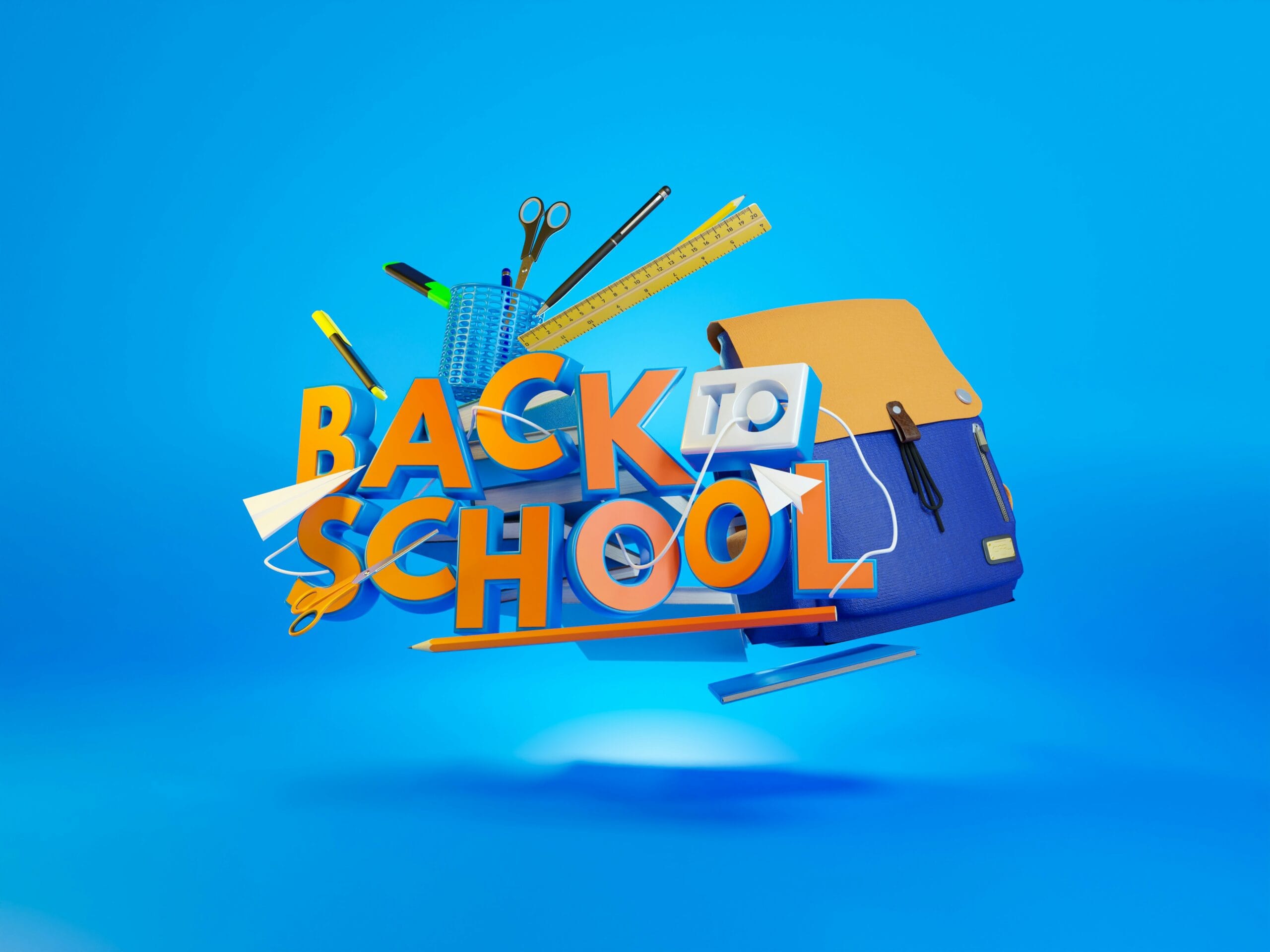 The back to school logo is shown on a blue background