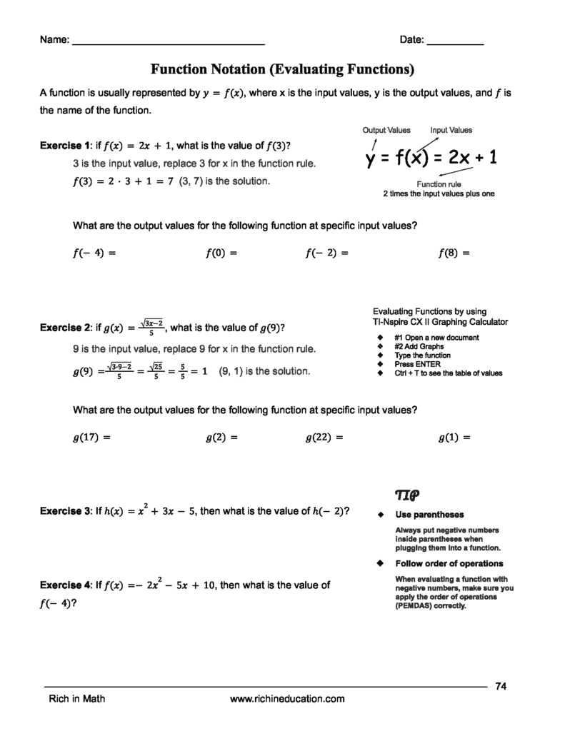 Algebra 1 Workbook, Evaluating Functions