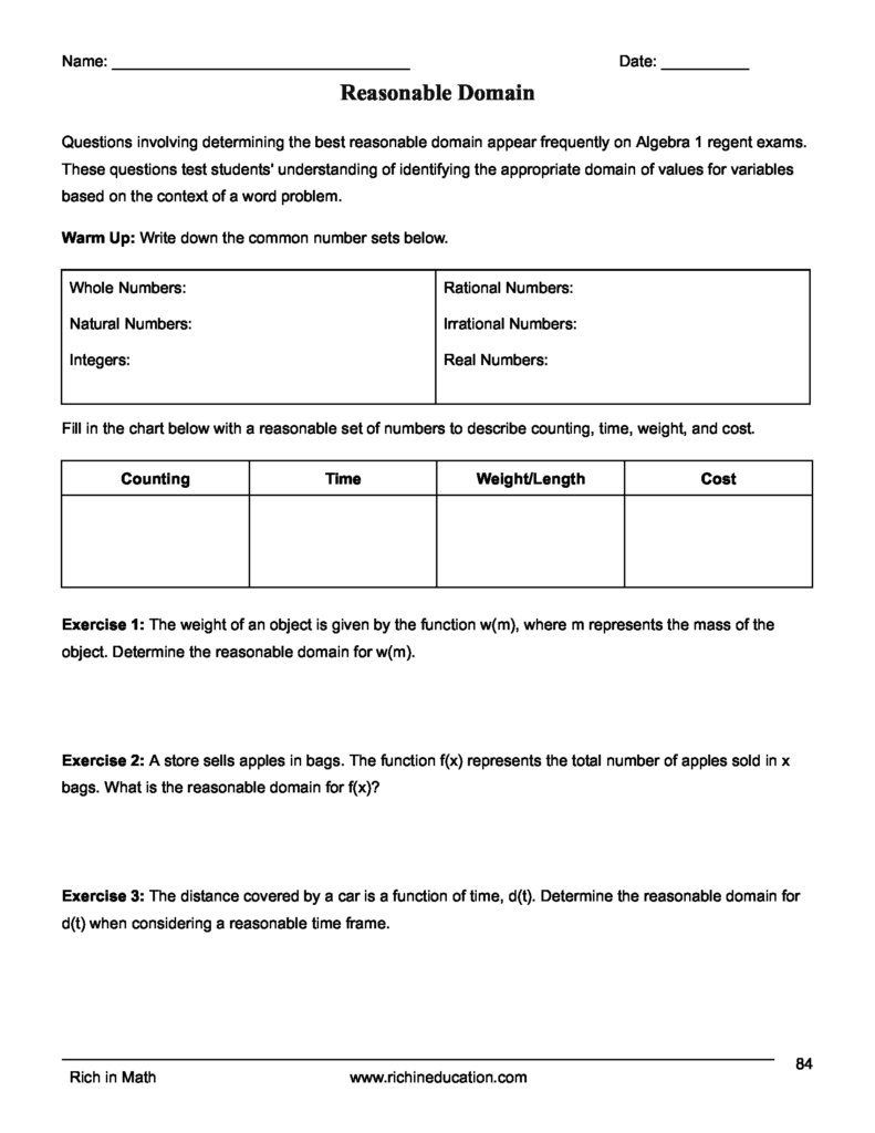 Algebra 1 workbook, Reasonable domain, 