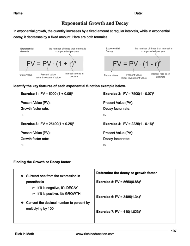 Algebra 1 Workbook, Exponential Growth and Decay