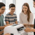 A teacher and four students are using a laminating machine