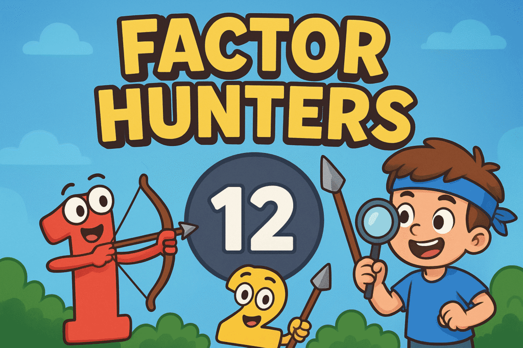 Fun cartoon banner for the math game ‘Factor Hunters,’ featuring animated numbers, a boy with a magnifying glass, and the number 12 as the target factor.