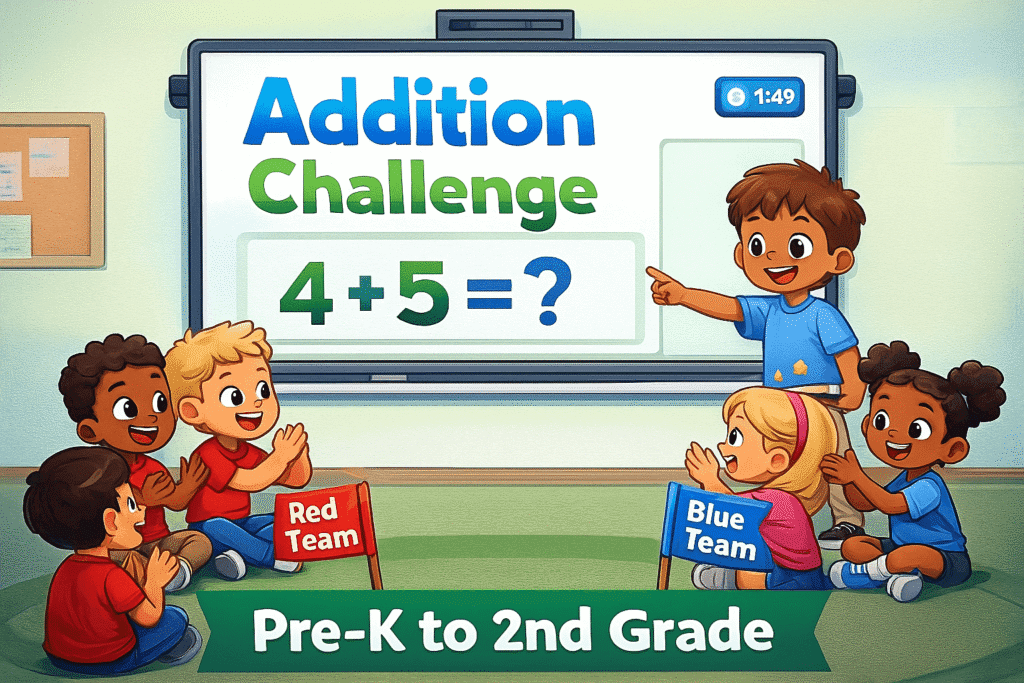 Children from two teams sit excitedly in front of a smartboard showing the title ‘Addition Challenge’ and the problem 4 + 5, with a timer in the corner. A boy in a blue shirt points to the problem while red and blue team members clap and cheer. Text at the bottom reads ‘Pre-K to 2nd Grade.