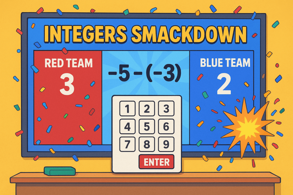 A colorful, cartoon-style smartboard display showing the “Integers Smackdown” math game with Red Team vs. Blue Team scores, a sample integer problem “–5 – (–3),” an on-screen keypad, and confetti bursting around the screen to create a fun, competitive classroom atmosphere.