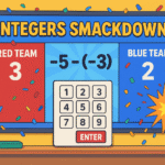 A colorful, cartoon-style smartboard display showing the “Integers Smackdown” math game with Red Team vs. Blue Team scores, a sample integer problem “–5 – (–3),” an on-screen keypad, and confetti bursting around the screen to create a fun, competitive classroom atmosphere.
